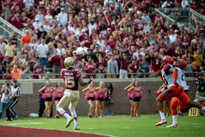 Travis Rudolph (15) caught three touchdowns against Syracuse on Saturday and amassed 191 receiving yards.